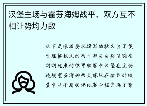 汉堡主场与霍芬海姆战平，双方互不相让势均力敌